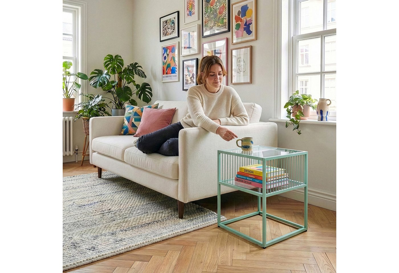 en.casa Beistelltisch, »Tronevn« mit Glasplatte Stahl 50 x 40 x 40 cm Mintgrün – Bild 2 von 5