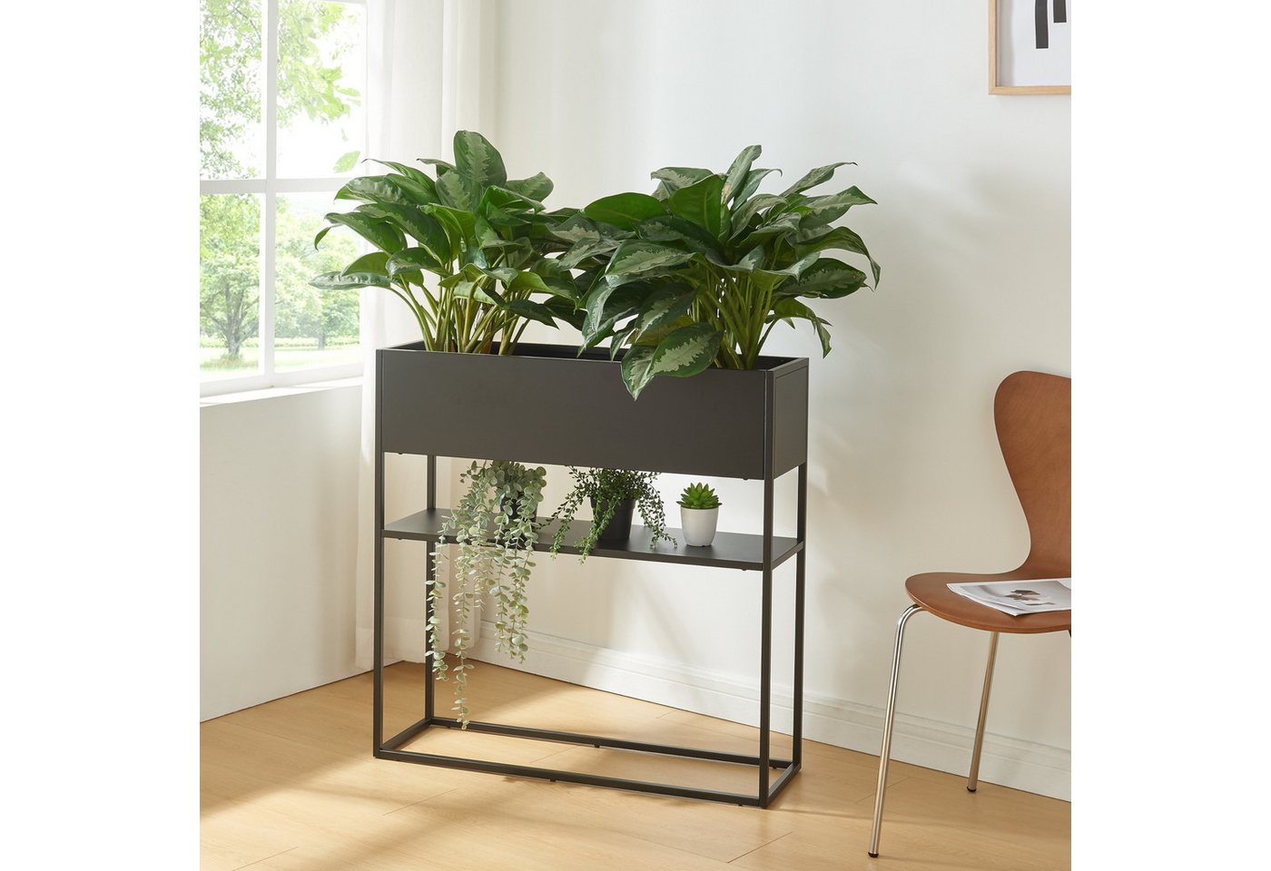 en.casa Blumenkasten, »Joensuu« Hochbeet mit Ablage 80 x 80 x 25 cm Stahl Schwarz – Bild 2 von 5