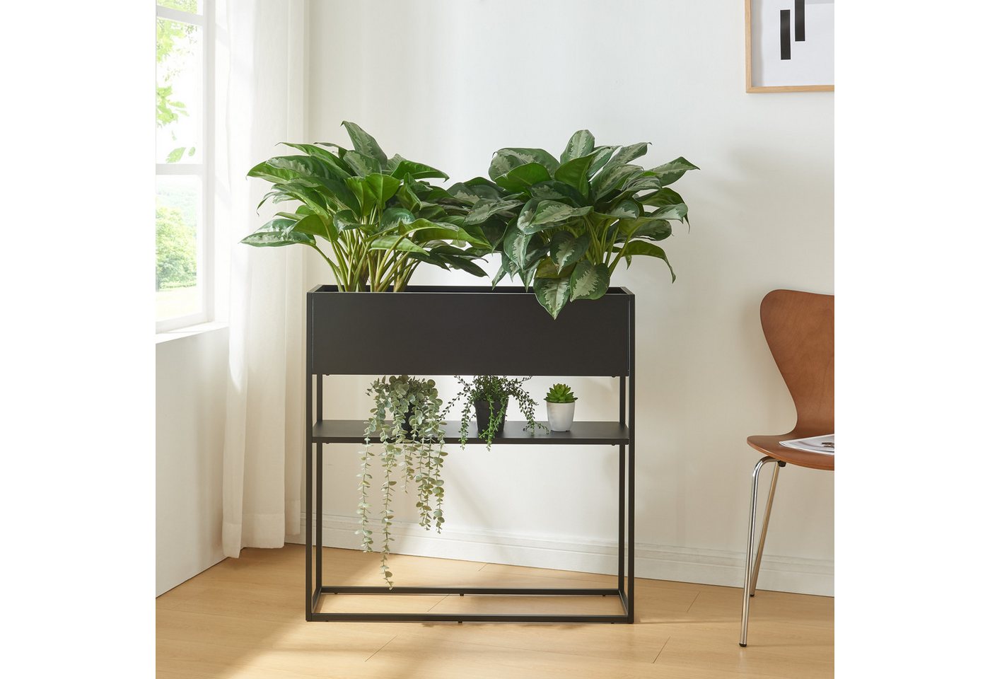 en.casa Blumenkasten, »Joensuu« Hochbeet mit Ablage 80 x 80 x 25 cm Stahl Schwarz – Bild 3 von 5