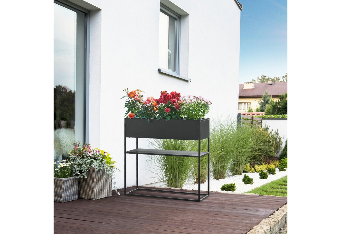 en.casa Blumenkasten, »Joensuu« Hochbeet mit Ablage 80 x 80 x 25 cm Stahl Schwarz – Bild 4 von 5