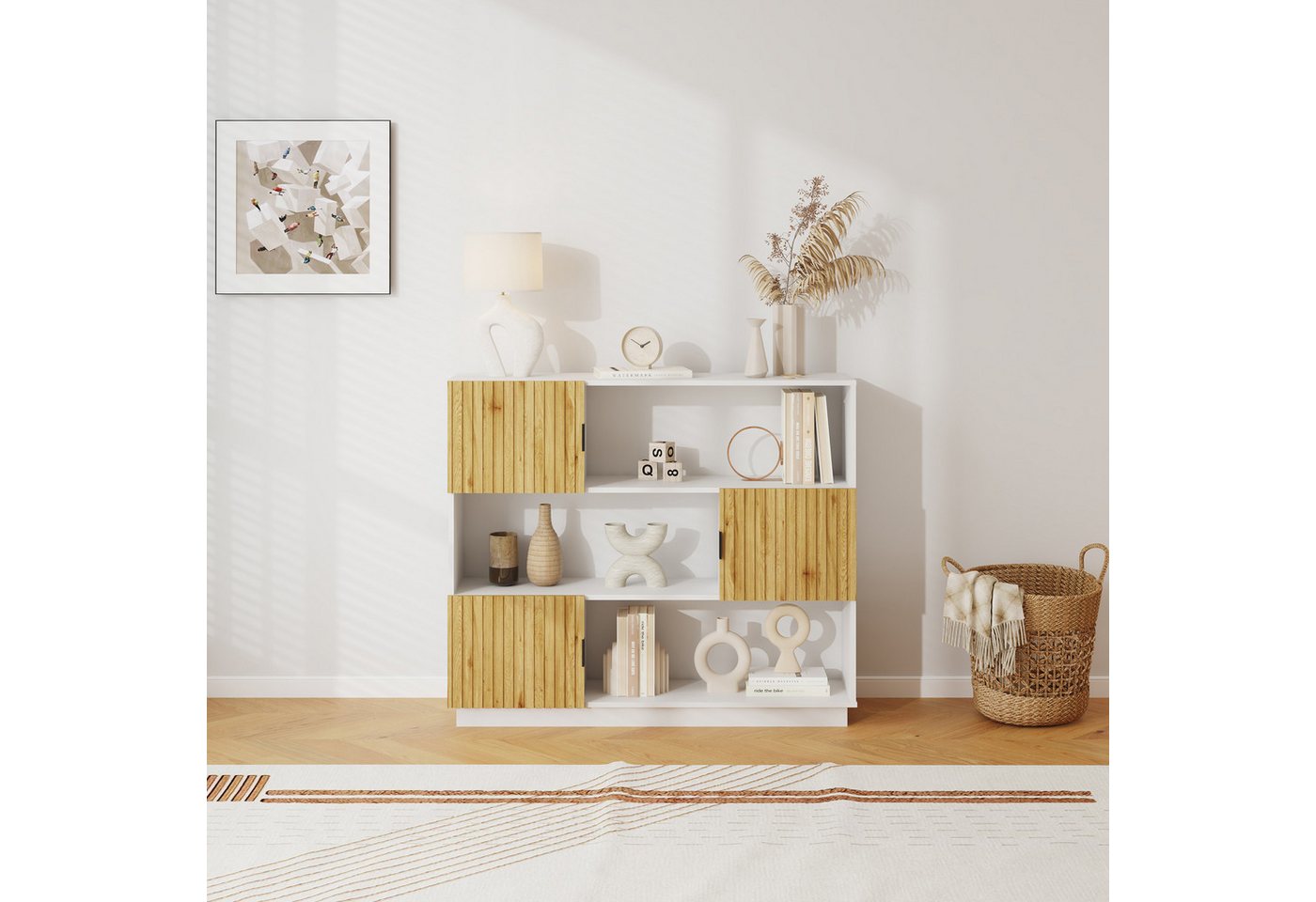en.casa Bücherregal, »Verhundar« mit 3 Türen 102 x 120 x 30 cm Weiß / Holzfarben – Bild 2 von 5