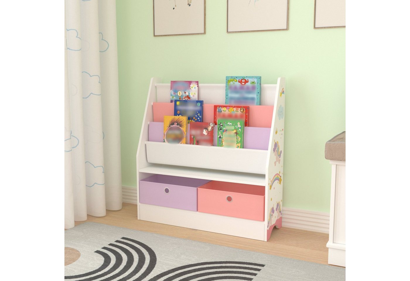 en.casa Bücherregal, »Neda« Kinderregal 74x71x23 cm mit Einhorn-Motiv Weiß/Lila/Rosa – Bild 2 von 5