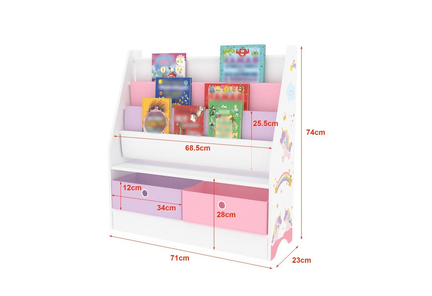 en.casa Bücherregal, »Neda« Kinderregal 74x71x23 cm mit Einhorn-Motiv Weiß/Lila/Rosa – Bild 4 von 5