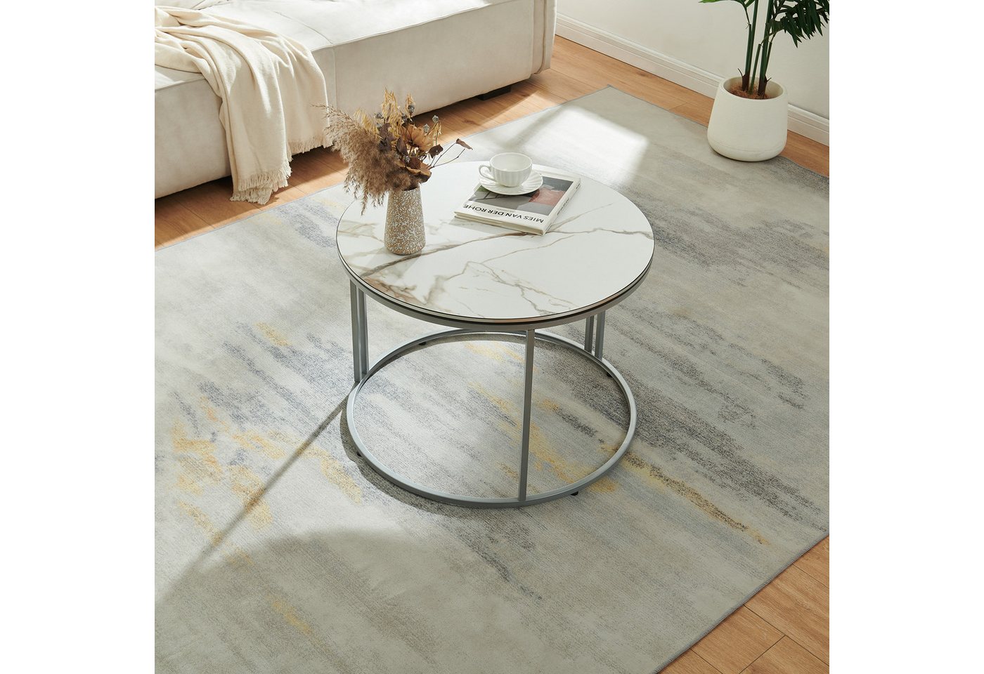 en.casa Couchtisch, Beistelltisch »Aulum« 50 x 70 cm Marmor, Weiß / Silber – Bild 4 von 5