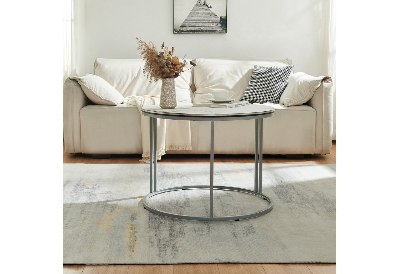 en.casa Couchtisch, Beistelltisch »Aulum« 50 x 70 cm Marmor, Weiß / Silber – Bild 5 von 5