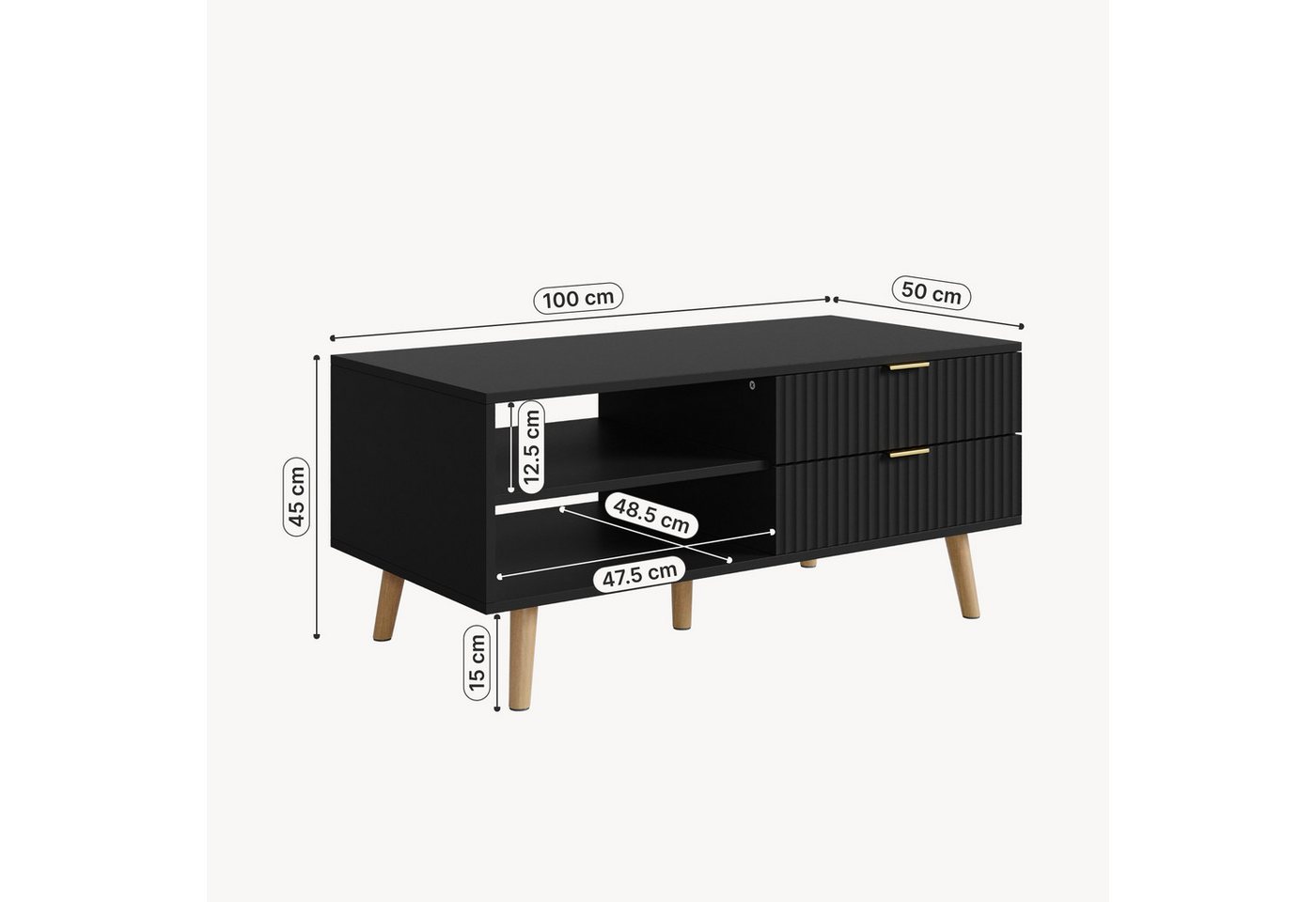 en.casa Couchtisch, »Nand« mit 2 Schubladen 100 x 50 x 45 cm Schwarz – Bild 3 von 5