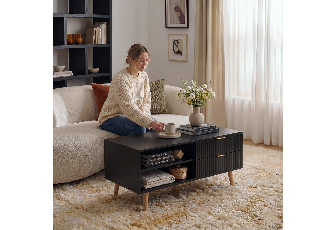 en.casa Couchtisch, »Nand« mit 2 Schubladen 100 x 50 x 45 cm Schwarz – Bild 4 von 5
