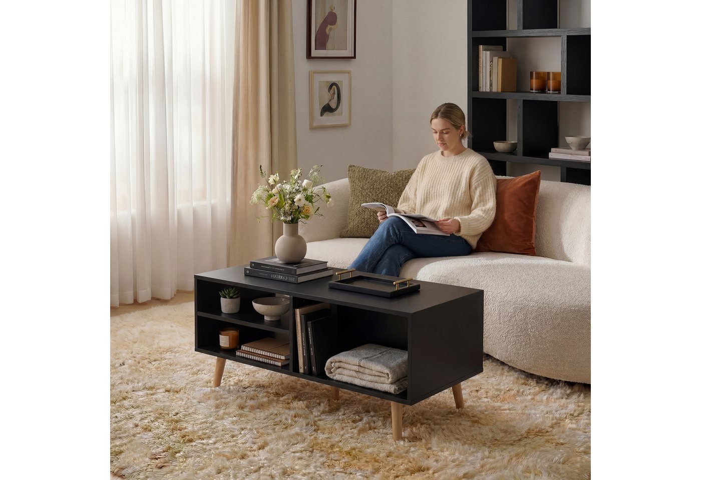 en.casa Couchtisch, »Nand« mit 2 Schubladen 100 x 50 x 45 cm Schwarz – Bild 5 von 5