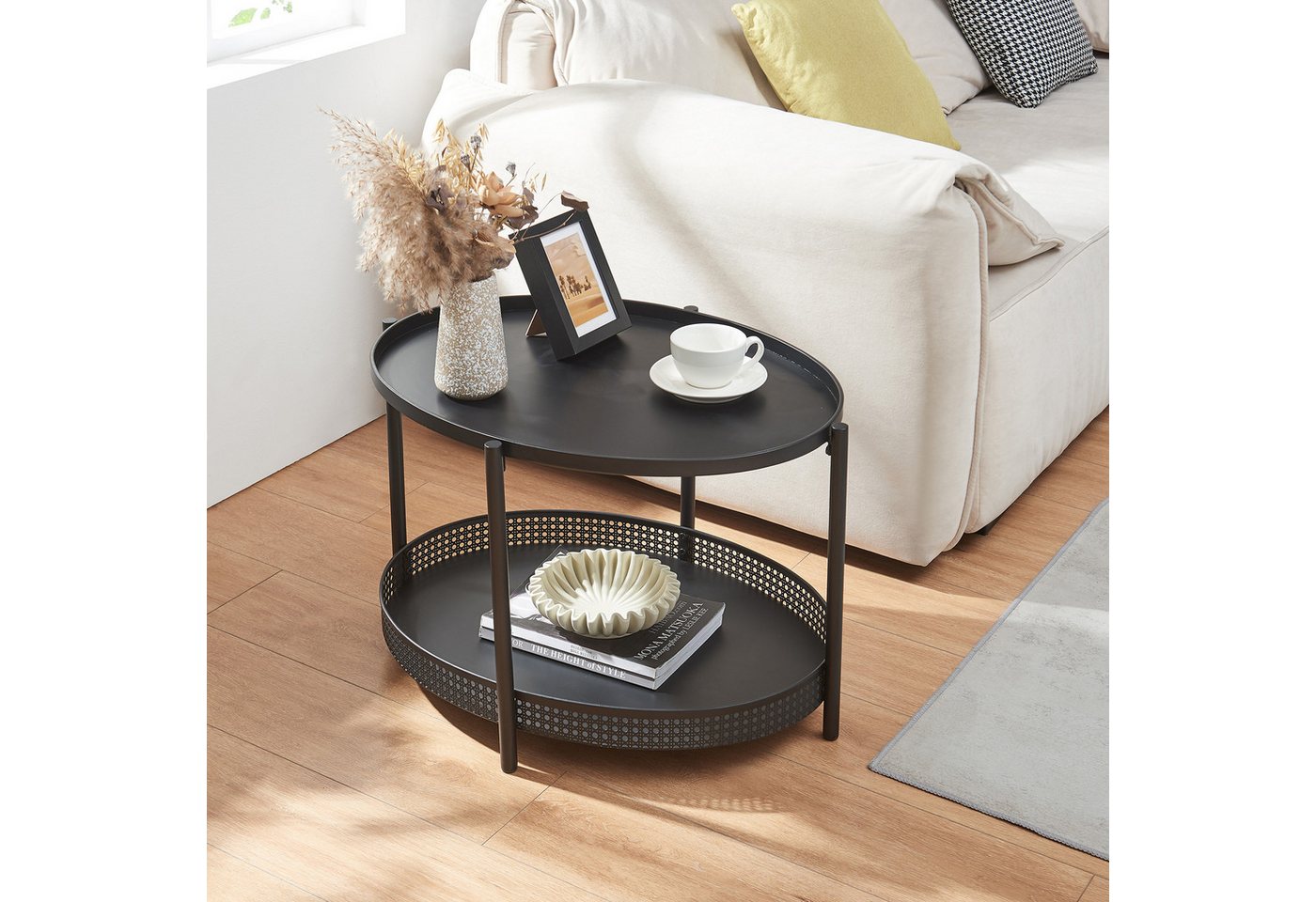 en.casa Couchtisch, »Jäller« Metall oval in Rattan-Optik 66 x 51 x 44 cm Schwarz – Bild 2 von 5