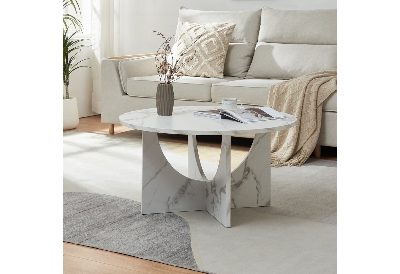 en.casa Couchtisch, »Rindal« rund 80 x 42 cm Marmoroptik, weiß – Bild 2 von 5