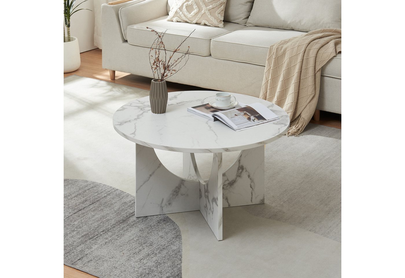 en.casa Couchtisch, »Rindal« rund 80 x 42 cm Marmoroptik, weiß – Bild 3 von 5