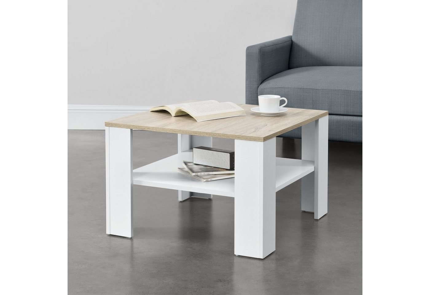 en.casa Couchtisch, »Aachen« Wohnzimmertisch 60x60x40cm Weiß/Eiche-Optik – Bild 2 von 5