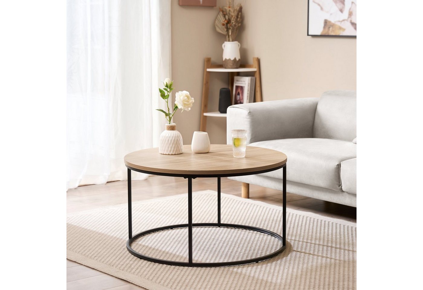 en.casa Couchtisch, »Kuhmoinen« Wohnzimmertisch aus Metall und MDF Ø80cm Schwarz/Holzoptik – Bild 2 von 5