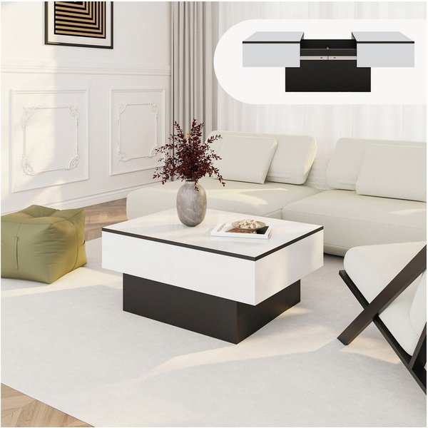 en.casa Couchtisch, ausziehbar »Lens« mit Stauraum 80x60x36 cm Schwarz/Weiß