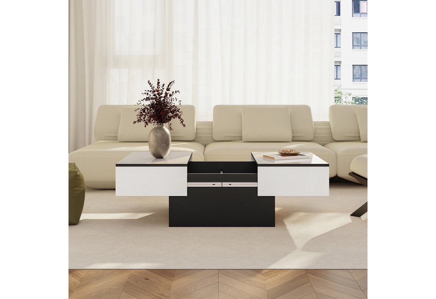 en.casa Couchtisch, ausziehbar »Lens« mit Stauraum 80x60x36 cm Schwarz/Weiß – Bild 2 von 5
