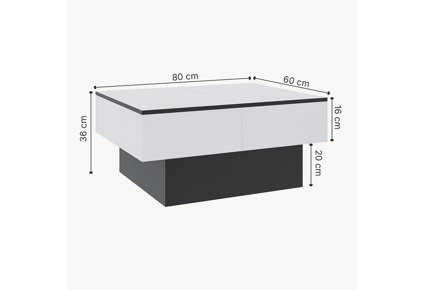 en.casa Couchtisch, ausziehbar »Lens« mit Stauraum 80x60x36 cm Schwarz/Weiß – Bild 4 von 5