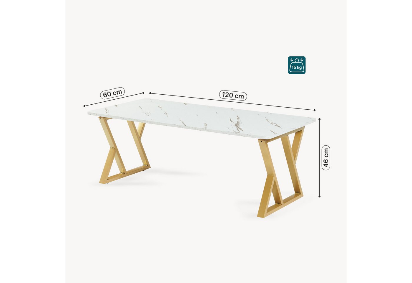 en.casa Couchtisch, »Nolu« 120 x 60 x 46 cm Metallgestell Goldfarben/Marmoroptik, weiß – Bild 3 von 5
