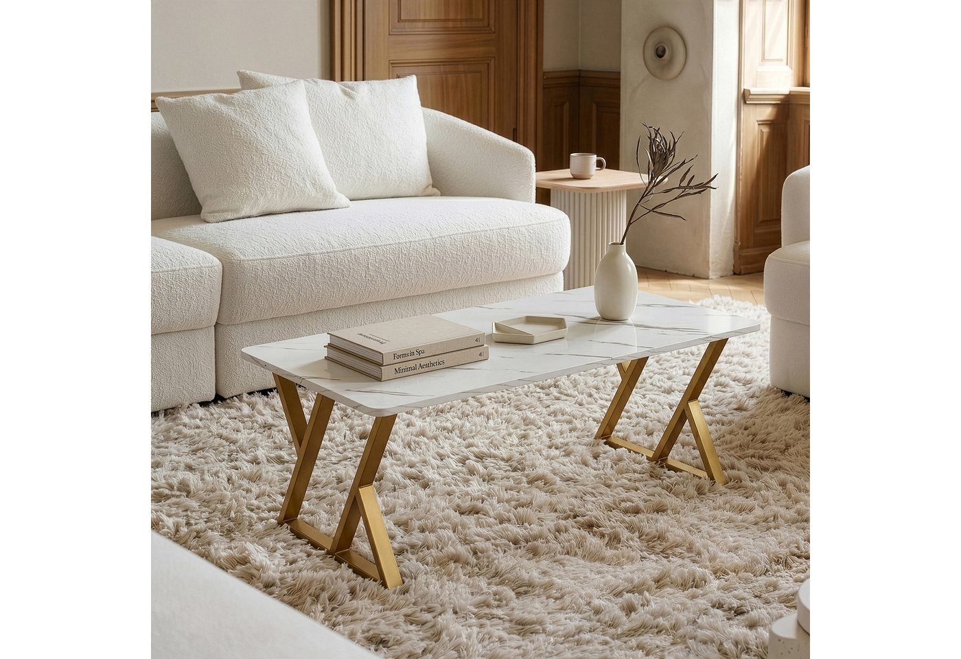 en.casa Couchtisch, »Nolu« 120 x 60 x 46 cm Metallgestell Goldfarben/Marmoroptik, weiß – Bild 5 von 5