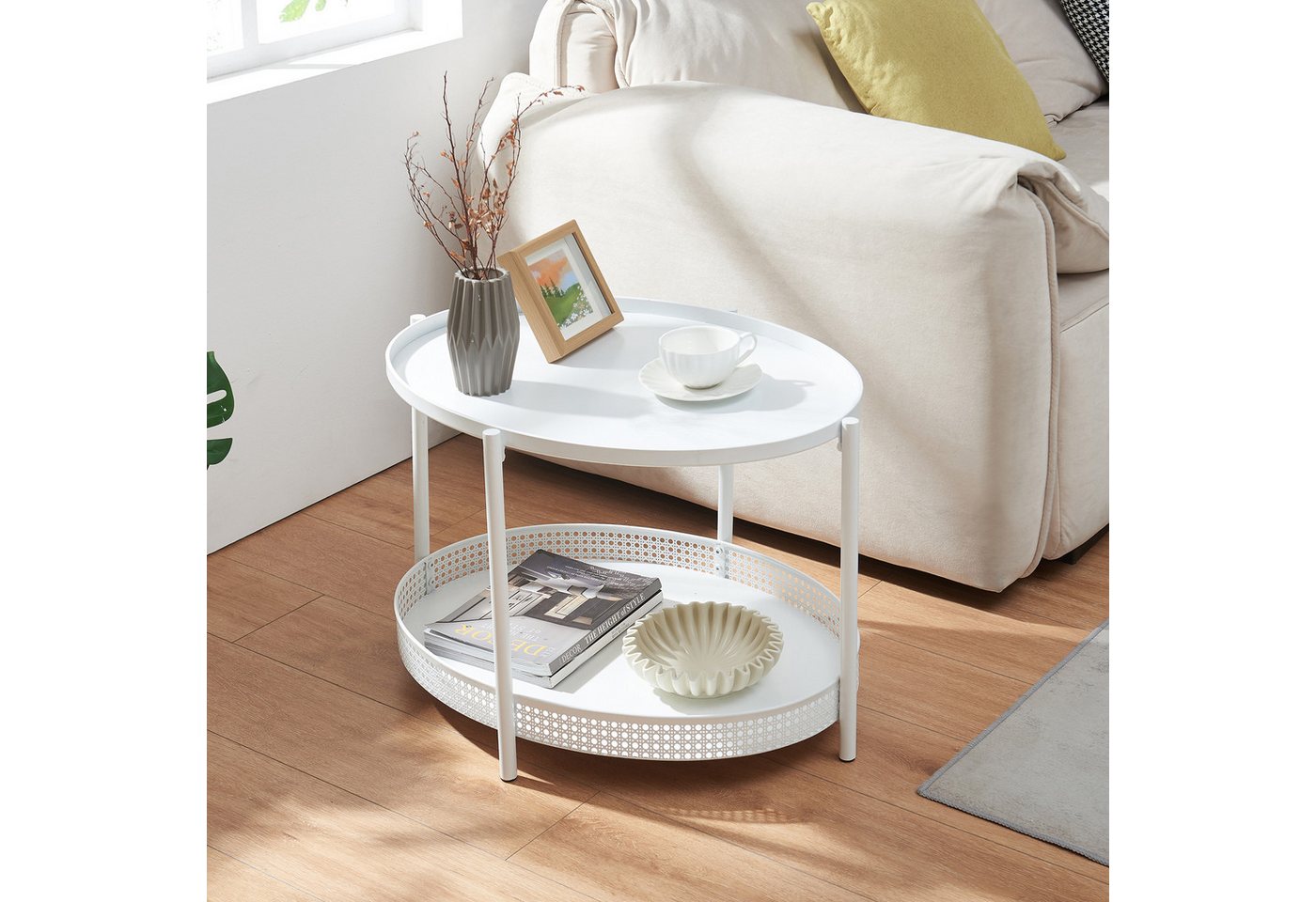en.casa Couchtisch, »Jäller« Metall oval in Rattan-Optik 66 x 51 x 44 cm Weiß – Bild 2 von 5