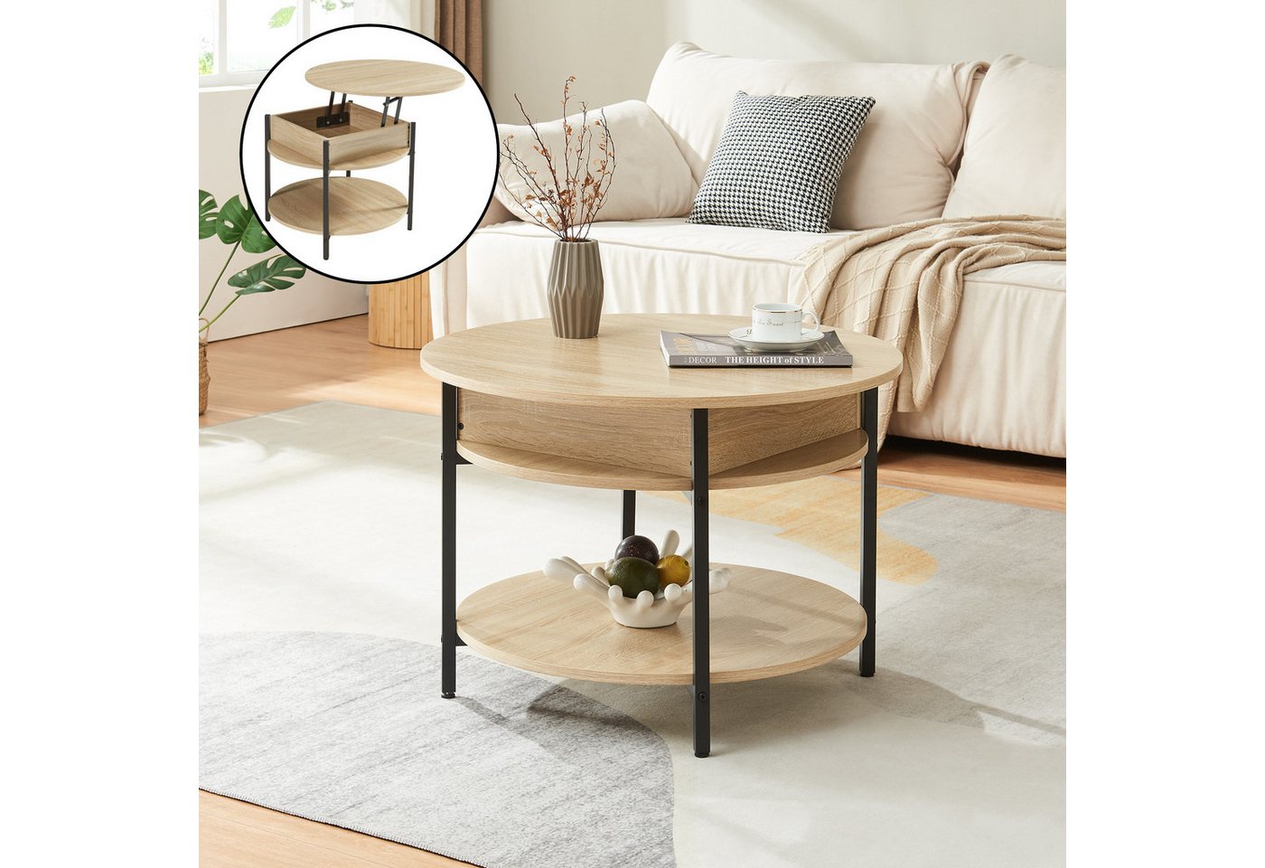 en.casa Couchtisch, »Kandas« mit Hebeplatte rund 70 x 49 cm Eicheoptik – Bild 2 von 5