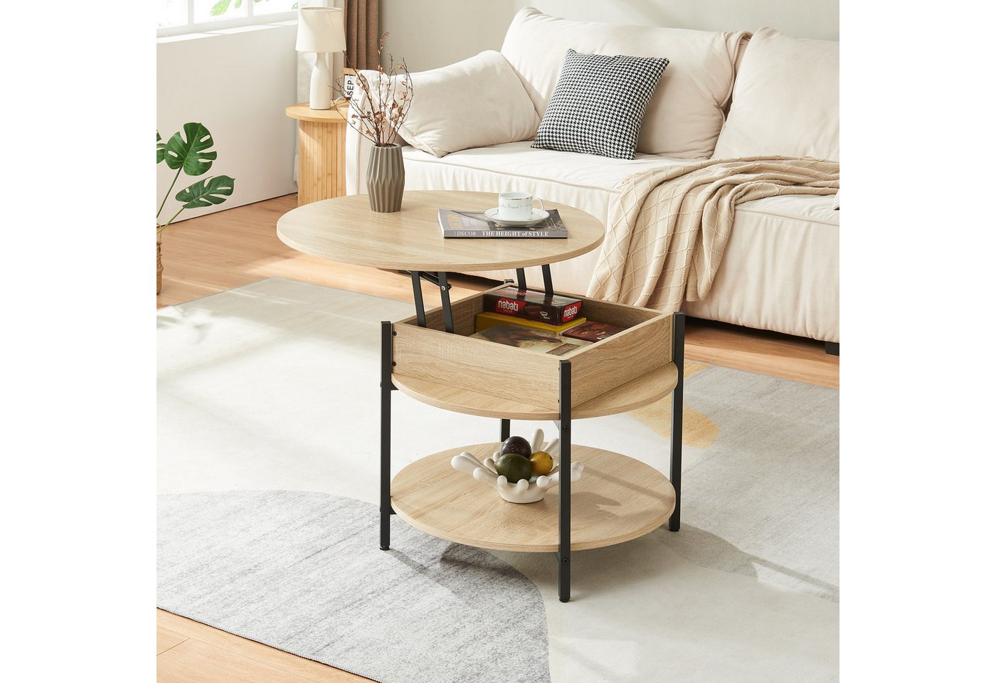en.casa Couchtisch, »Kandas« mit Hebeplatte rund 70 x 49 cm Eicheoptik – Bild 3 von 5