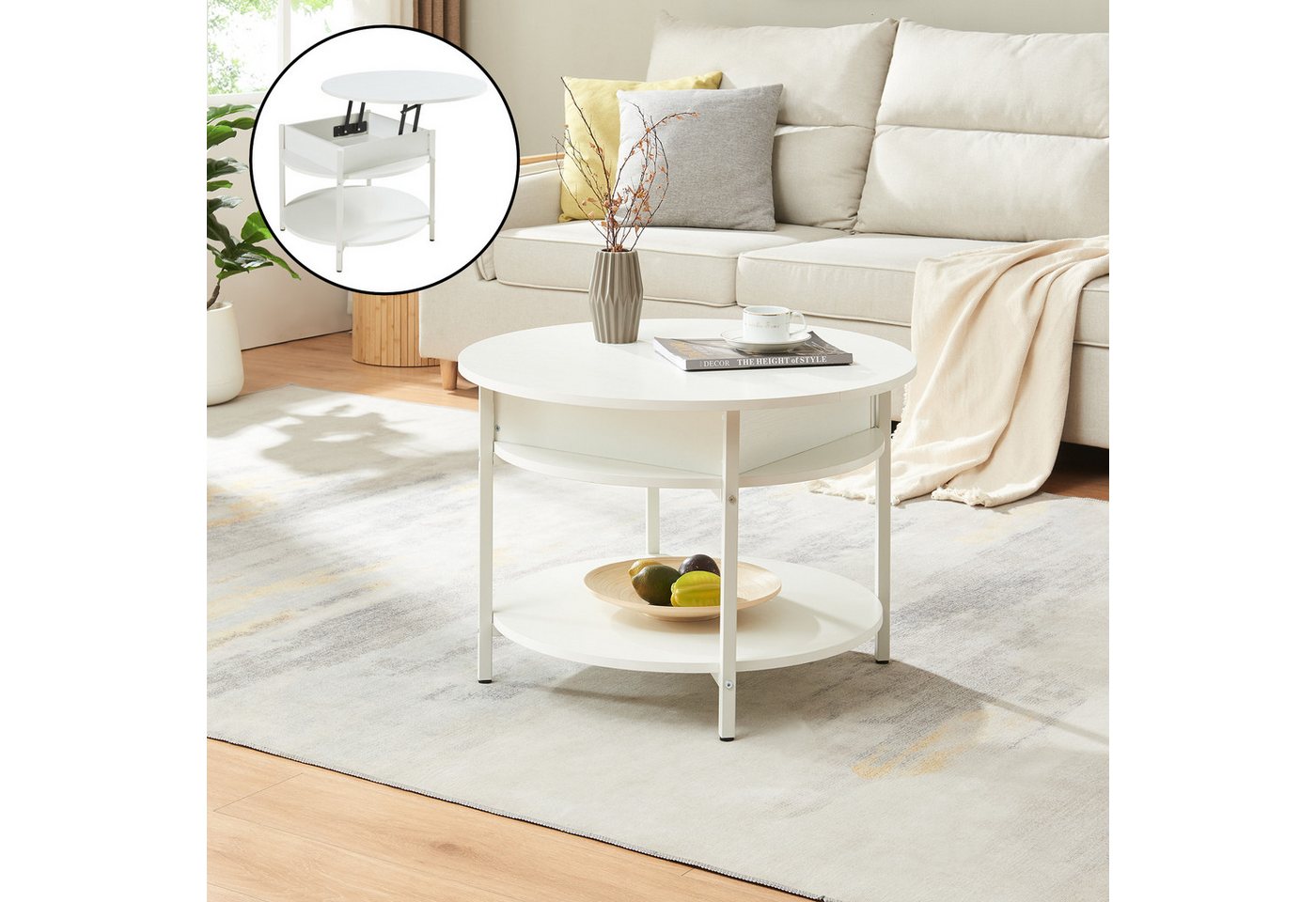 en.casa Couchtisch, »Kandas« mit Hebeplatte rund 70 x 49 cm Weiß – Bild 2 von 5