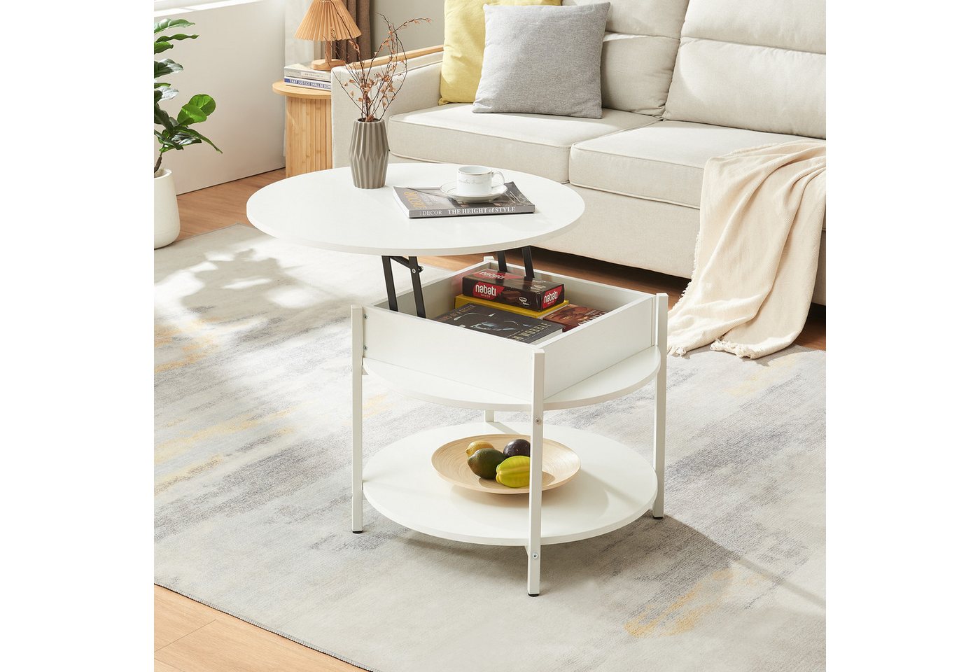 en.casa Couchtisch, »Kandas« mit Hebeplatte rund 70 x 49 cm Weiß – Bild 3 von 5