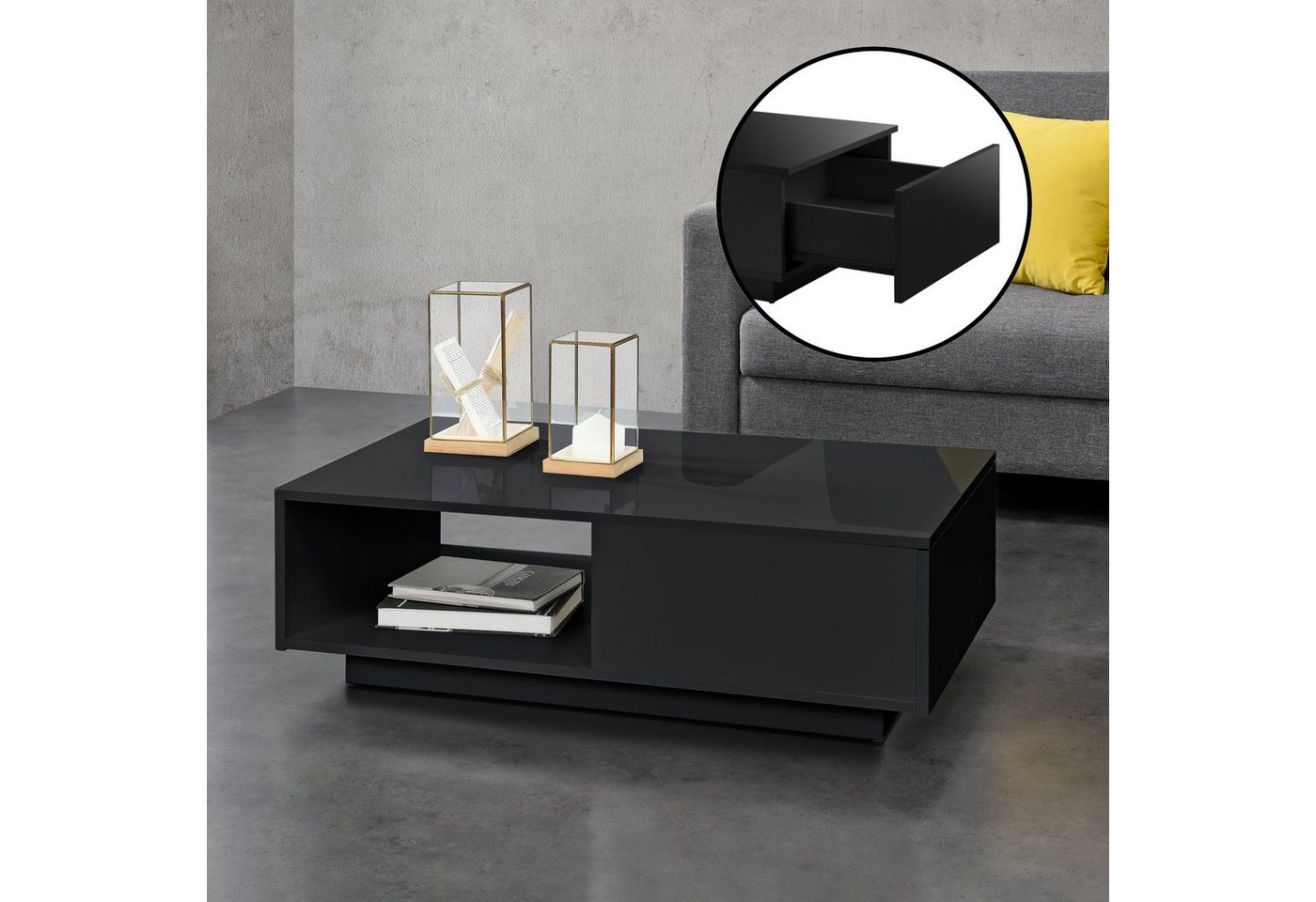 en.casa Couchtisch, »Biskra« Sofatisch mit Schublade und Ablage hochglanz schwarz – Bild 2 von 5
