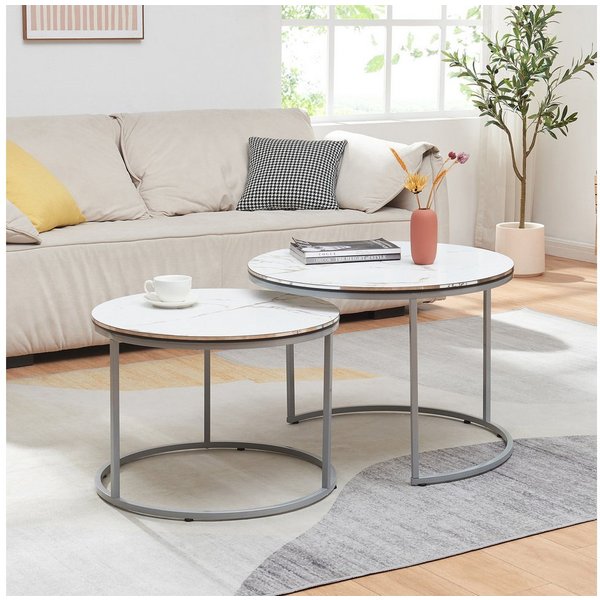 en.casa Couchtisch, »Skagen« Beistelltisch im 2er Set rund Marmor, weiß / Silber