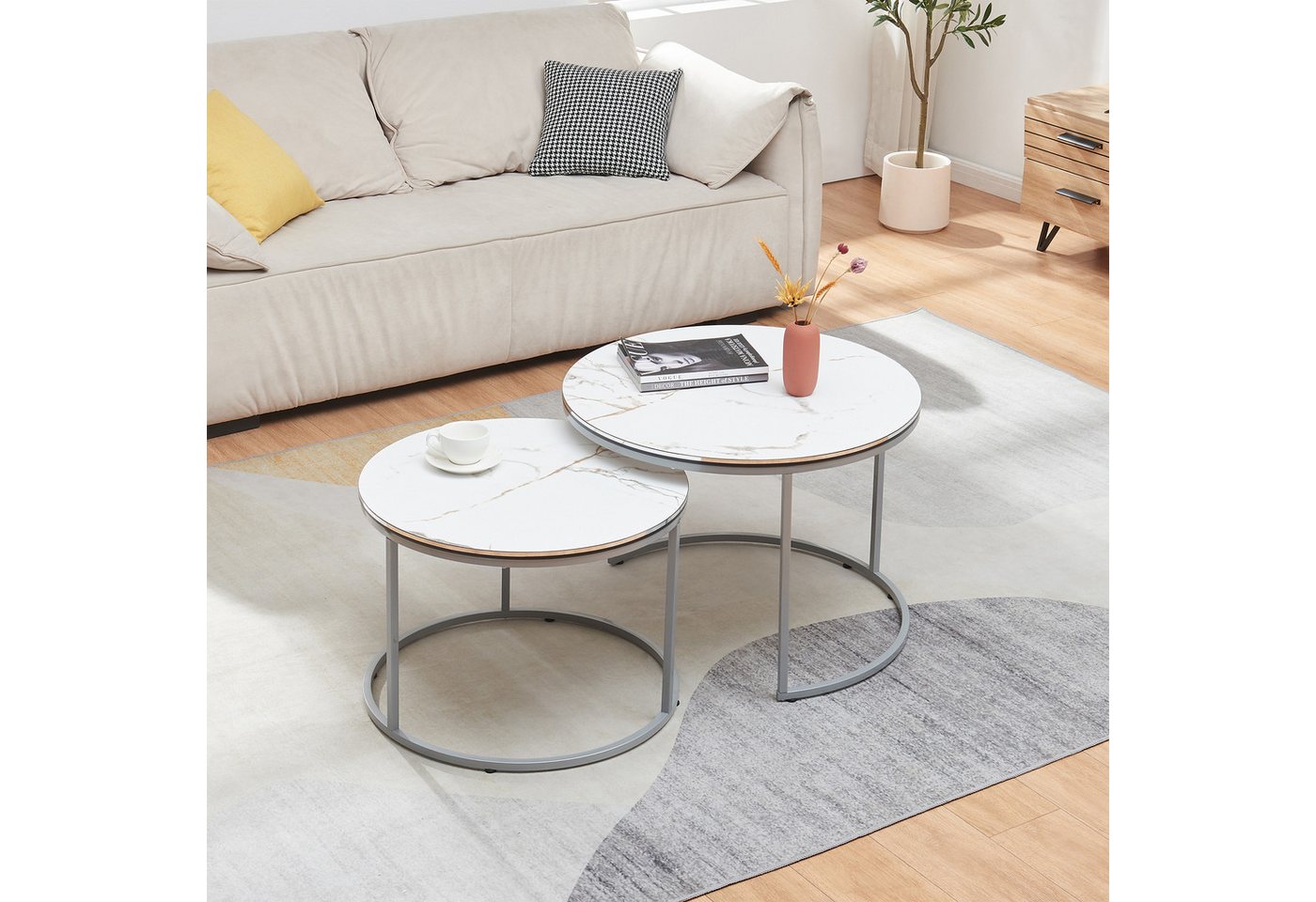 en.casa Couchtisch, »Skagen« Beistelltisch im 2er Set rund Marmor, weiß / Silber – Bild 2 von 5
