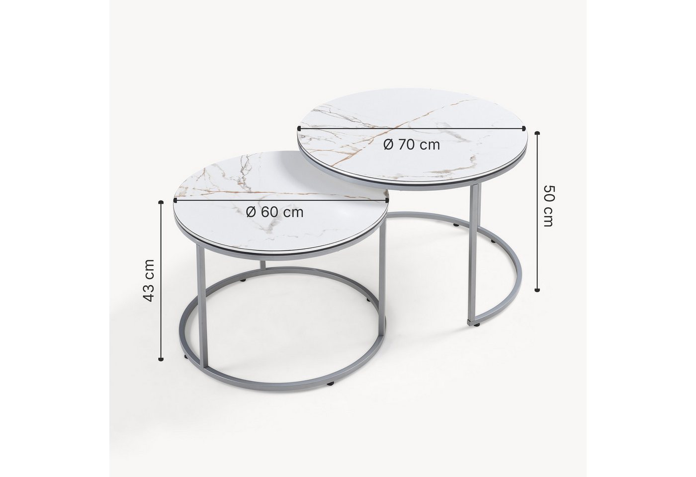 en.casa Couchtisch, »Skagen« Beistelltisch im 2er Set rund Marmor, weiß / Silber – Bild 4 von 5
