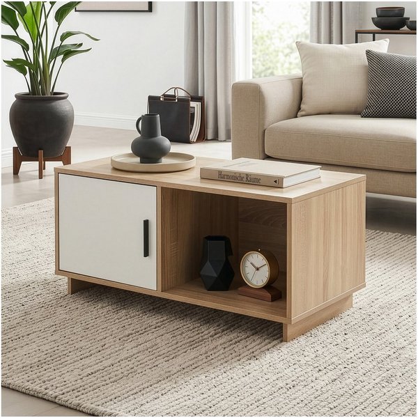 en.casa Couchtisch, »Kenta« mit Tür 80 x 45 x 40 cm Sonoma-Eicheoptik / Weiß