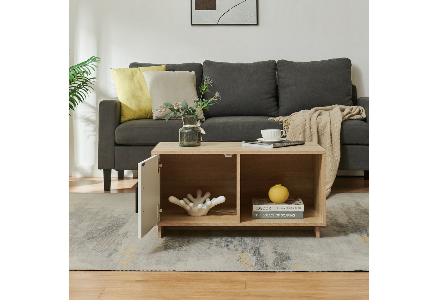 en.casa Couchtisch, »Kenta« mit Tür 80 x 45 x 40 cm Sonoma-Eicheoptik / Weiß – Bild 4 von 5