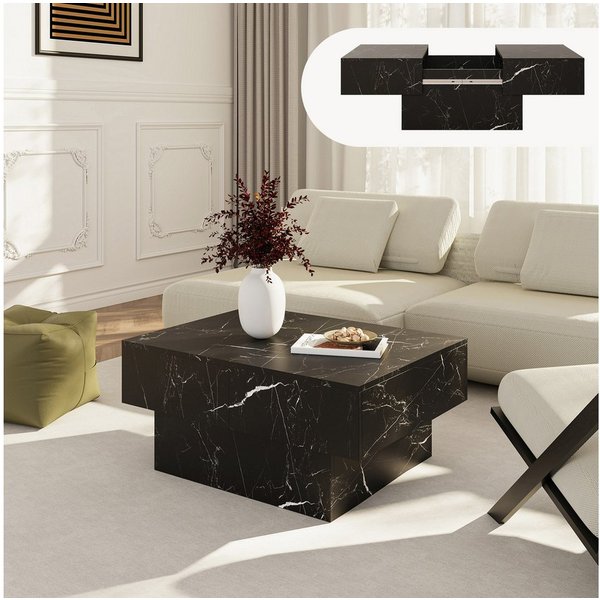 en.casa Couchtisch, ausziehbar »Lens« mit Stauraum 80x60x36 cm Marmoroptik, schwarz