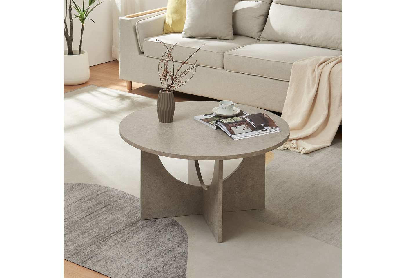 en.casa Couchtisch, »Rindal« rund 80 x 42 cm Betonoptik, hell – Bild 3 von 5