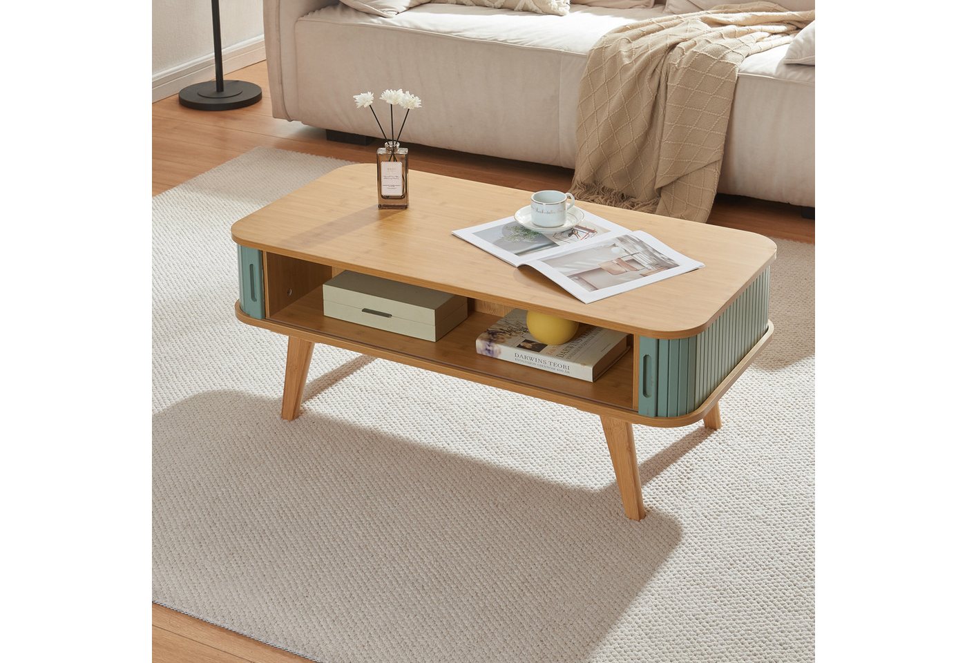 en.casa Couchtisch, »Tysvær« mit 2 Schiebetüren 100 x 50 x 40 cm Bambus/Blau – Bild 2 von 5