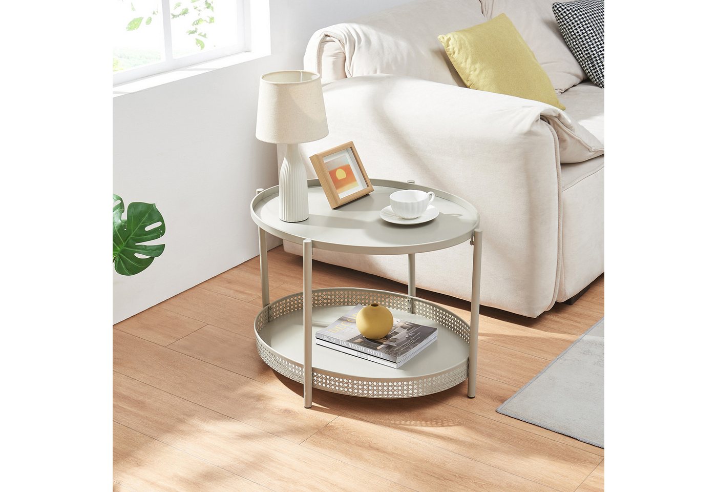 en.casa Couchtisch, »Jäller« Metall oval in Rattan-Optik 66 x 51 x 44 cm Taupe – Bild 2 von 5