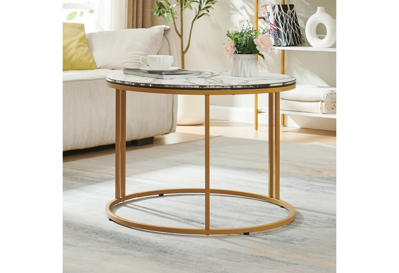 en.casa Couchtisch, Beistelltisch »Aulum« 50 x 70 cm Marmor, Weiß / Gold – Bild 4 von 5