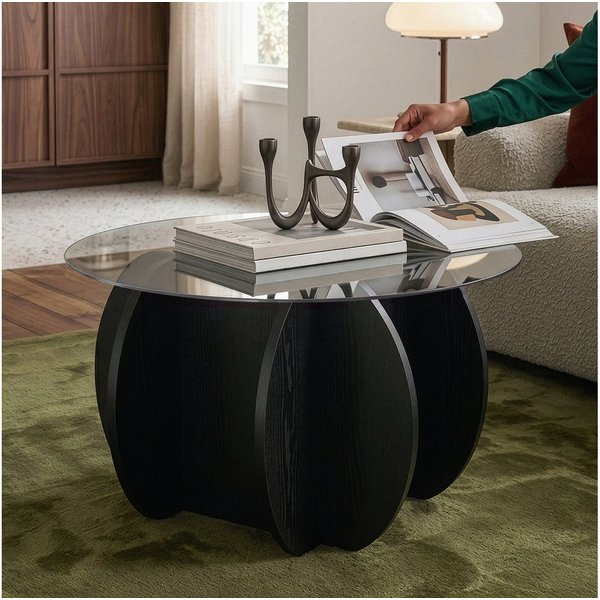 en.casa Couchtisch, »Karhuvandi« Ø70 x 40 cm mit Glasplatte rund Rauchglas Schwarz/Grau