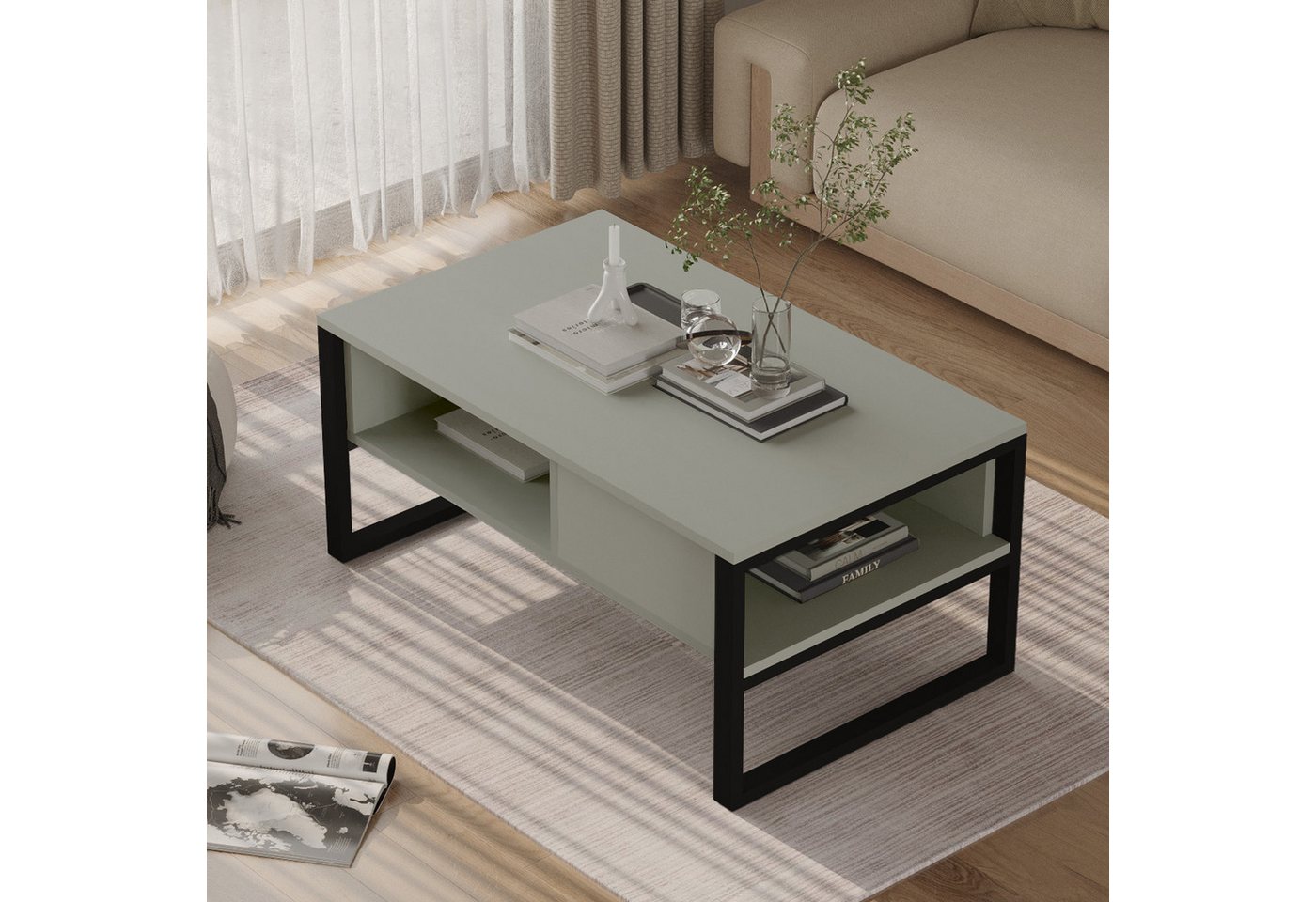 en.casa Couchtisch, »Laukaa« rechteckig Metallgestell 100 x 60 x 45 cm Grüngrau – Bild 3 von 5