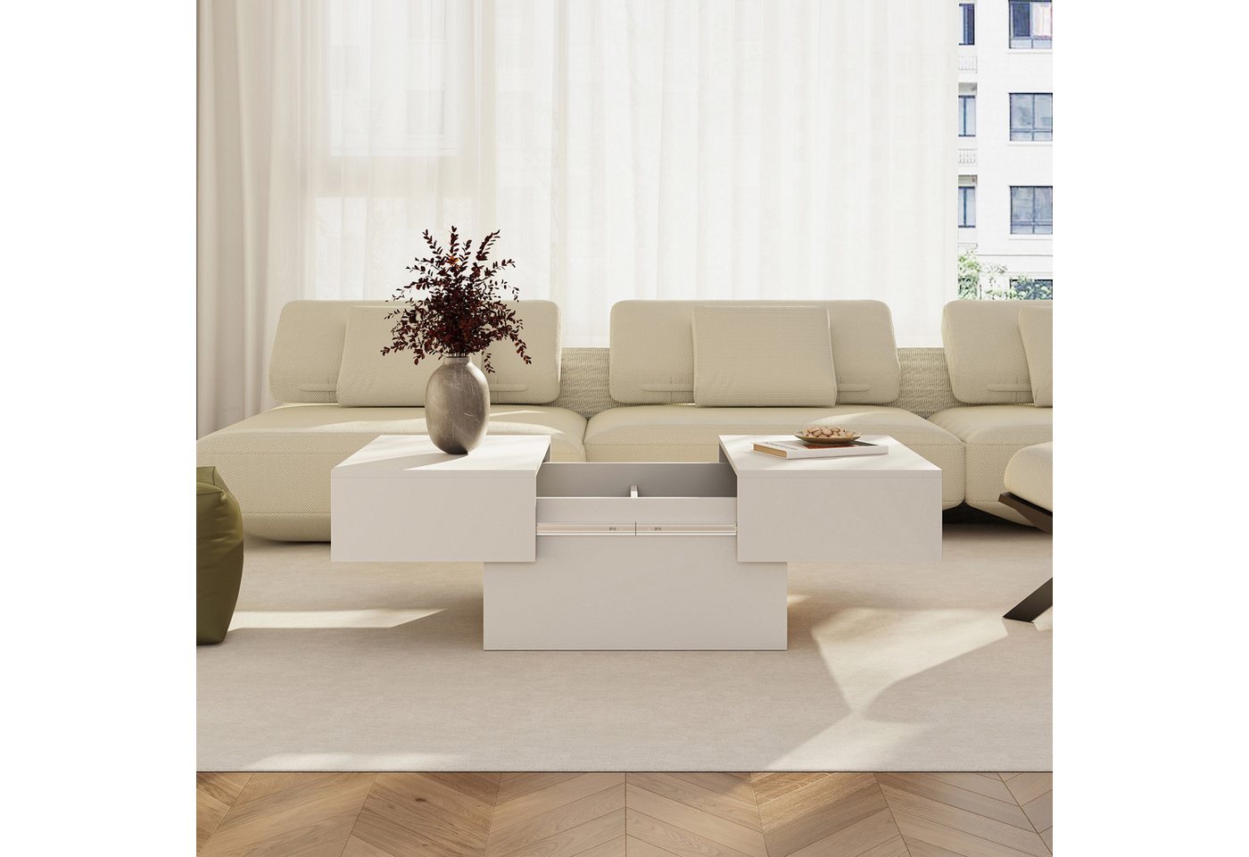 en.casa Couchtisch, ausziehbar »Lens« mit Stauraum 80x60x36 cm Weiß – Bild 2 von 5