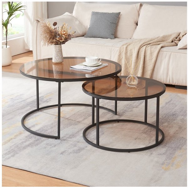 en.casa Couchtisch (Set, 2-St), »Kokkola« Satztisch rund Metall Rauchglas, braun