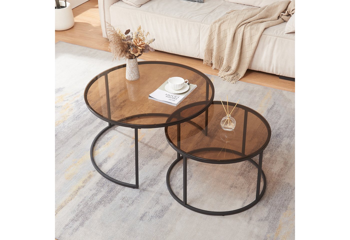 en.casa Couchtisch (Set, 2-St), »Kokkola« Satztisch rund Metall Rauchglas, braun – Bild 2 von 5