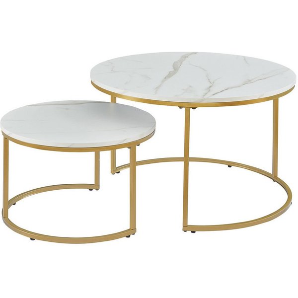 en.casa Couchtisch (Set, 2-St), »Christchurch« rund Metallgestell Marmoroptik, Weiß/Gold