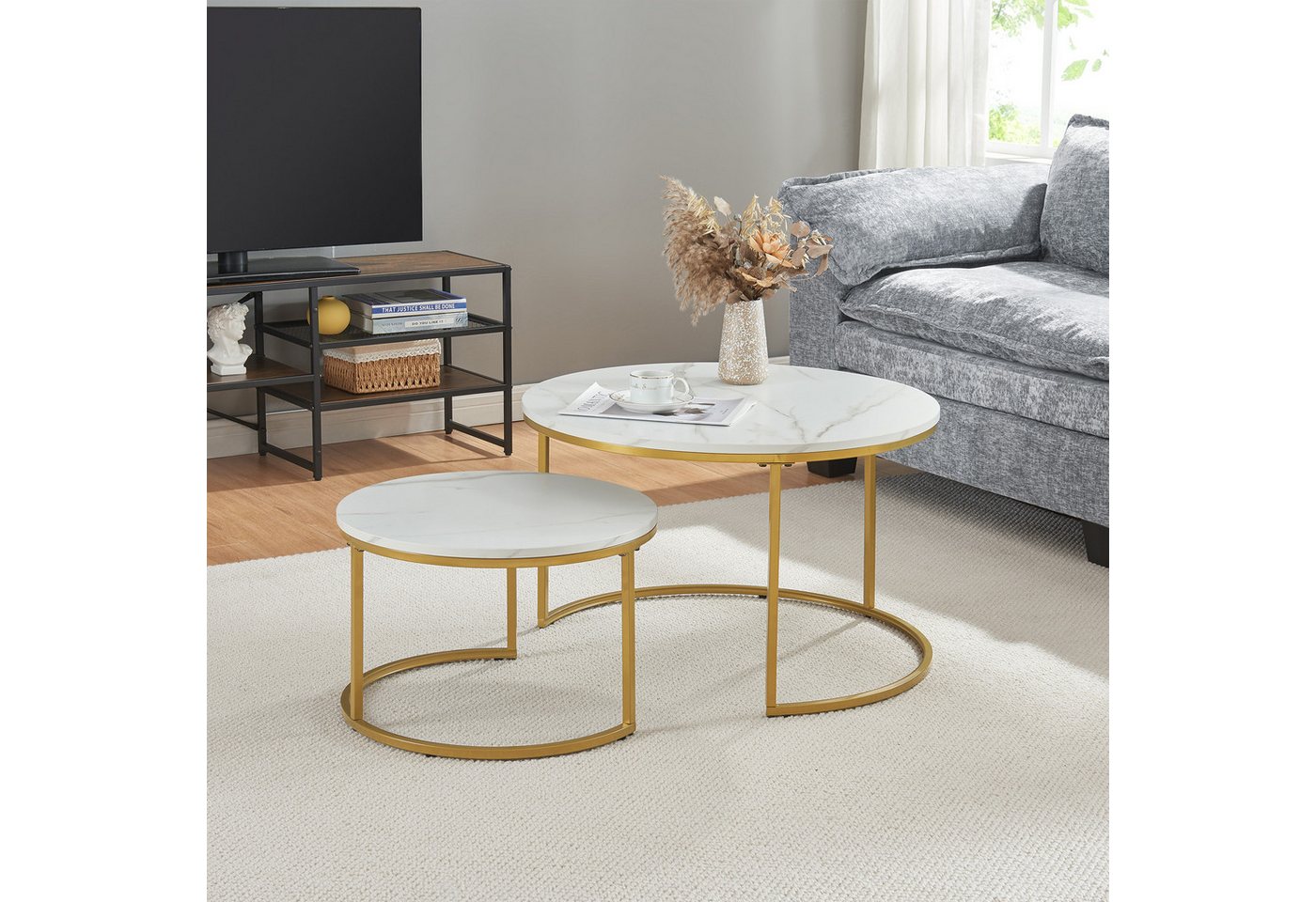 en.casa Couchtisch (Set, 2-St), »Christchurch« rund Metallgestell Marmoroptik, Weiß/Gold – Bild 2 von 5