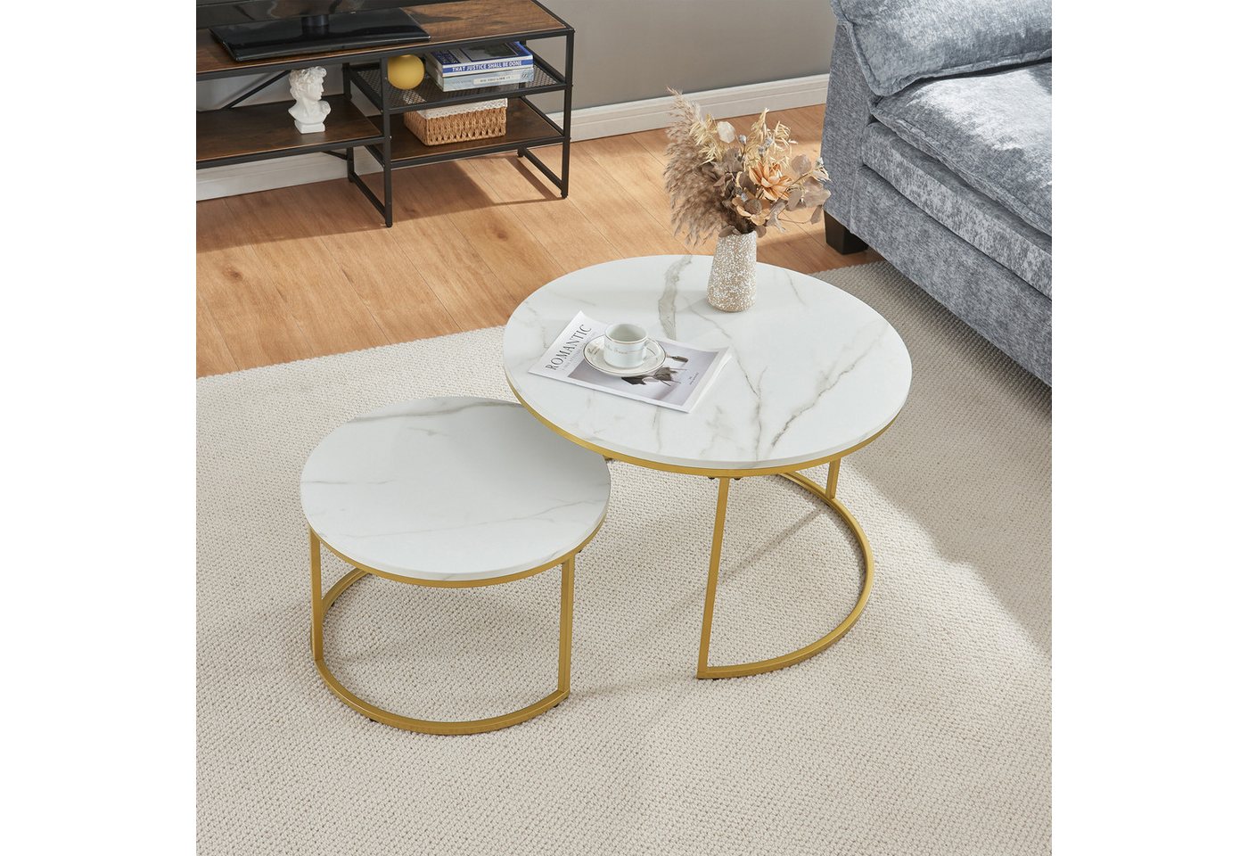 en.casa Couchtisch (Set, 2-St), »Christchurch« rund Metallgestell Marmoroptik, Weiß/Gold – Bild 3 von 5