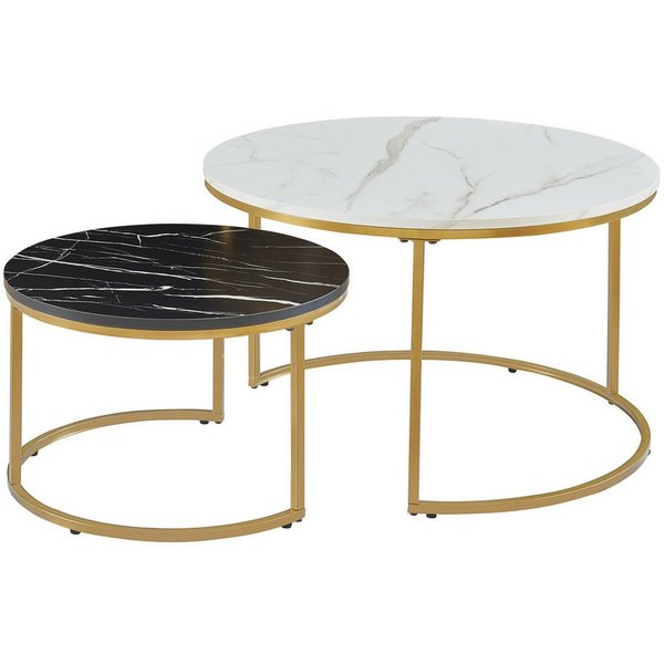 en.casa Couchtisch (Set, 2-St), »Christchurch« rund Metallgestell Marmoroptik, Weiß/Schwarz/Gold