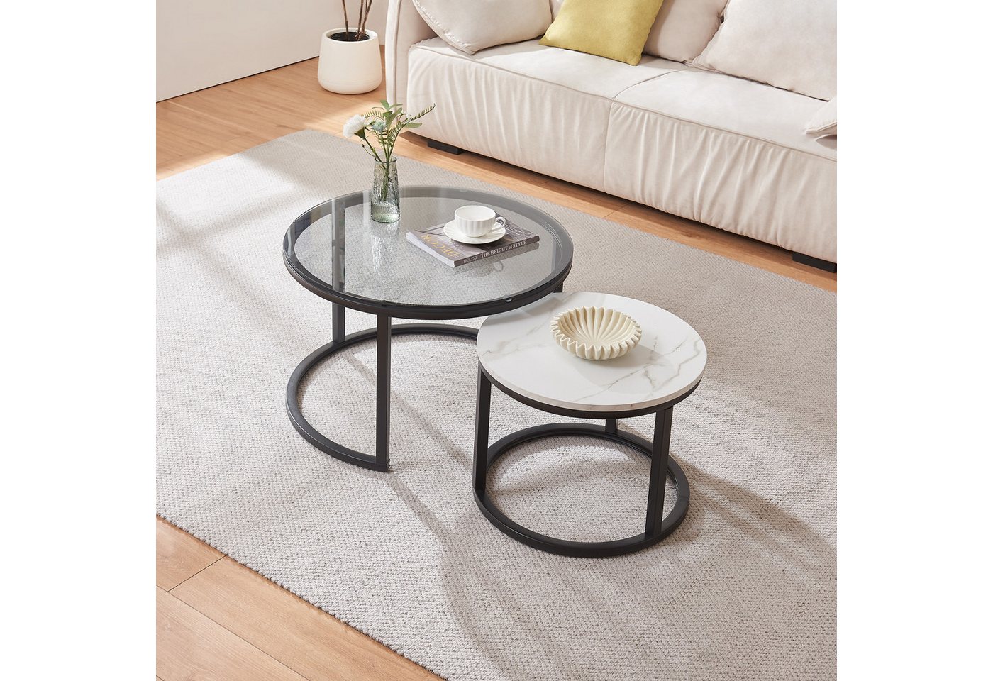 en.casa Couchtisch (Set, 2-St), »Kokkola« Satztisch rund Metall Rauchglas/Marmoroptik, weiß – Bild 2 von 5