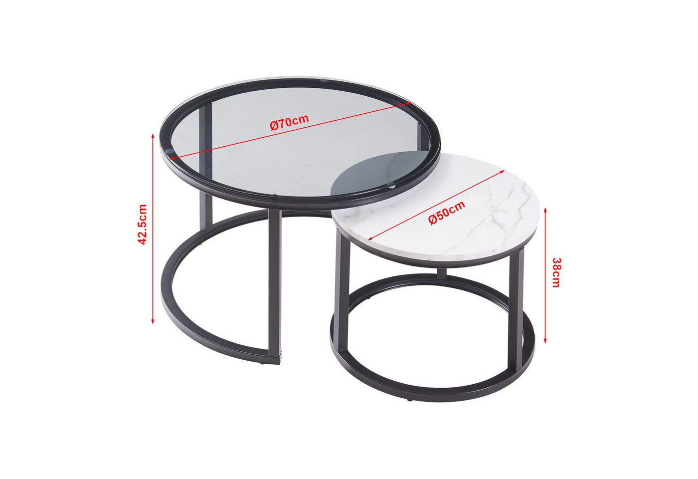 en.casa Couchtisch (Set, 2-St), »Kokkola« Satztisch rund Metall Rauchglas/Marmoroptik, weiß – Bild 5 von 5