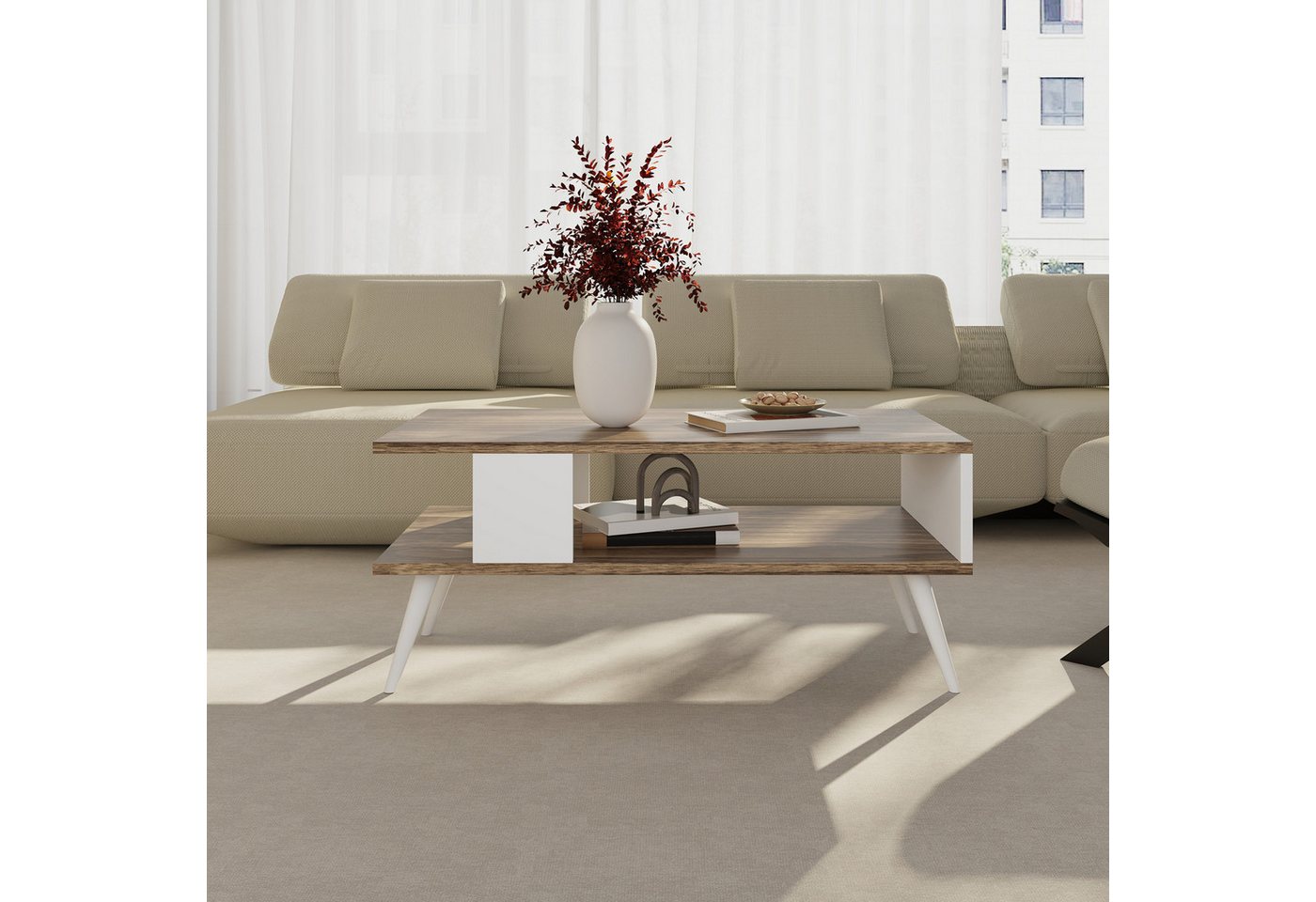 en.casa Couchtisch, »Lycksele« Wohnzimmertisch 40x90x45cm Walnuss-Optik/Weiß – Bild 2 von 5